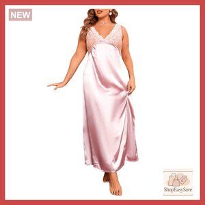 Plus Size Satin Nightgown Elegant Lace Backless Long Lingerie Sleepwear